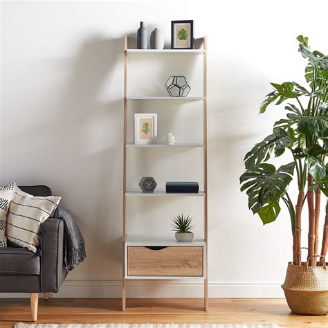 Modern interior design in scandinavian style with shelf and bike. VonHaus Ladder Bookcase Scandinavian Nordic White and Light Oak Effect Bookshelf 5056115716454 ...