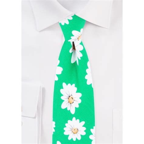 Daisy Flower Print Tie In Kelly Green Green Cotton Tie In Skinny Cut Ties