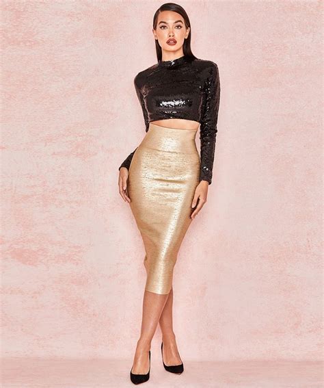 Latest Fashion Black Sequin Top With Gold Foil Midi Skirt Christmas