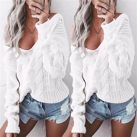 White Pullover Sweater Knit Sweater Tops Loose Sweater Knitted
