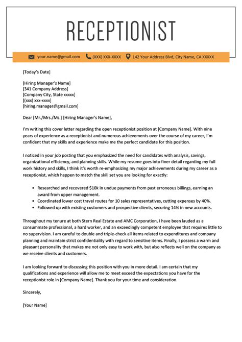 Check out a detailed medical receptionist cover letter example with some quick formatting and writing tips to craft your letter faster! Medical Receptionist Cover Letter - Knowing And Sharing