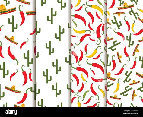 Seamless Pattern With Sombrero Pepper And Cactus Mexican Motif