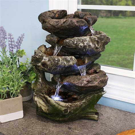 Sunnydaze 5 Step Rock Falls Tabletop Fountain With Led Lights 14 Inch