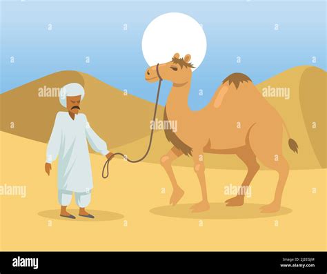 Arab Man With One Hump Camel In Desert Wild Dromedary Animal And