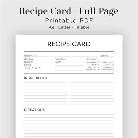 Recipe Card Full Page Black And White Fillable Printable Etsy Canada