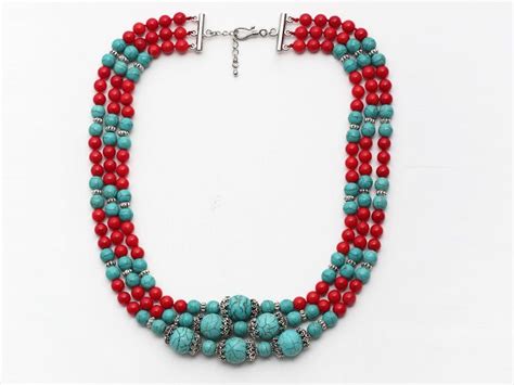 Multi Strands Round Turquoise And Red Coral Necklace With Extendable