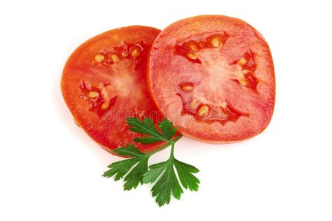 Two Tomato Slice With Leaf Parsley Isolated On White Background Top