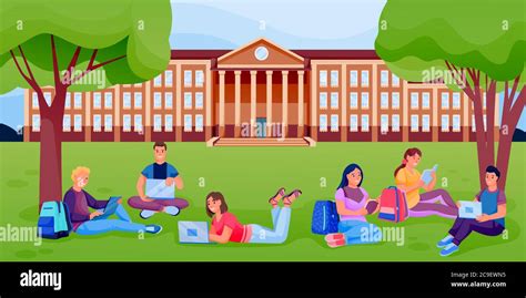 Students With Books And Laptops Sitting On Lawn Of University College