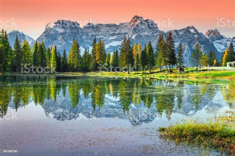 Stunning Alpine Lake In Dolomites Mountains Antorno Lake Italy Europe