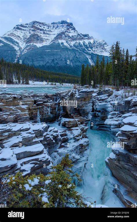 Athabasca Falls In Winter With Mount Kerkeslin Jasper National Park