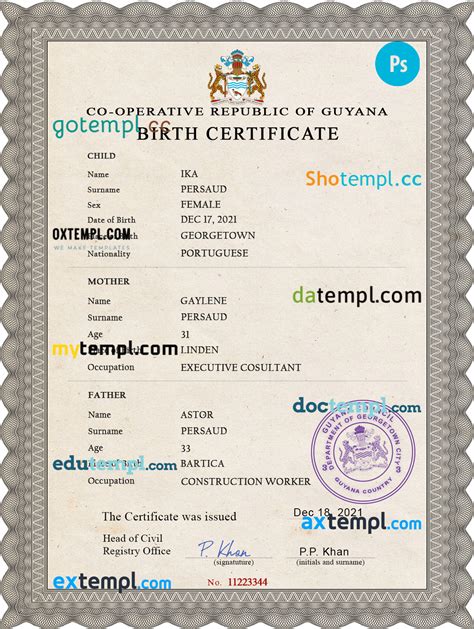 Guyana Vital Record Birth Certificate Psd Template Fully Editable Gotempl Templates With