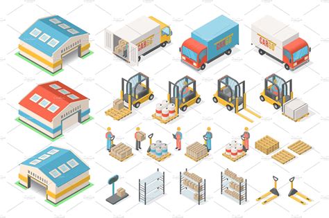 Isometric Warehouse Icon Set Scheme Transportation Illustrations