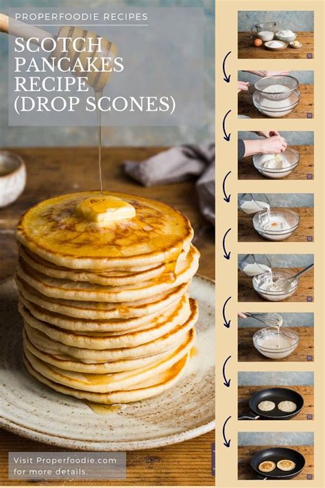 A Stack Of Pancakes With Syrup Being Drizzled On Top And The Recipe Below