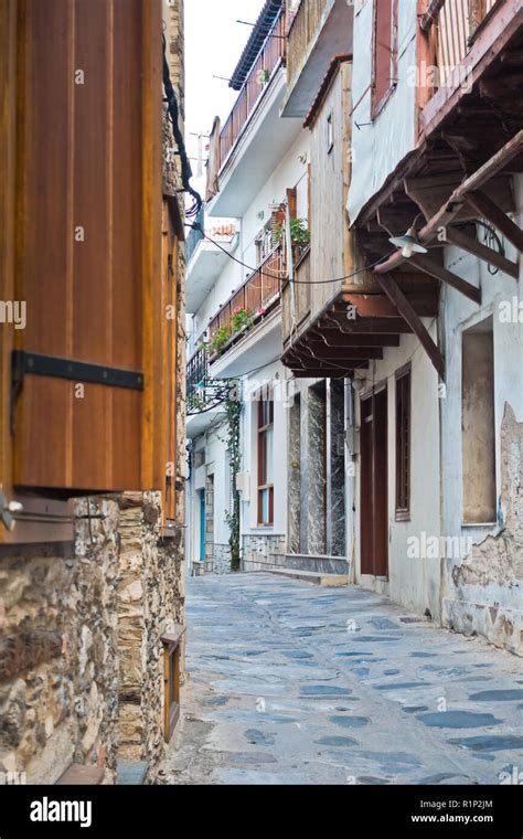 Narrow Alleys With Traditional Greek Houses At Skopelos Old Town