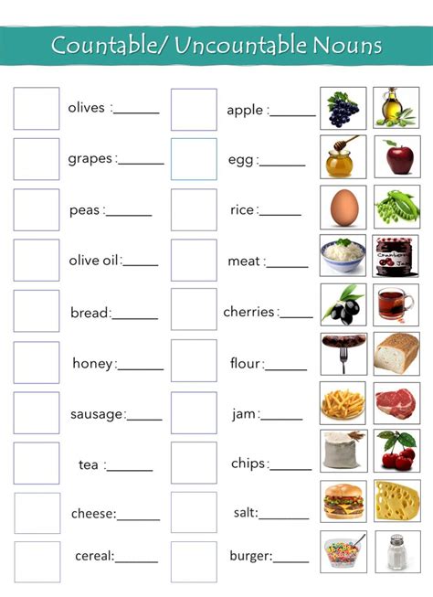 Uncountable And Countable Nouns Worksheets Contables e incontables Aprender ingles para niños