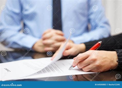 Woman Is Signing Contract With Business Man In Background Stock Image Image Of Meeting