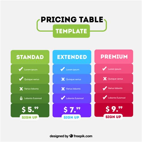 Colored Tables Template With Different Plans Free Vector