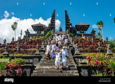 Devout Balinese Descend Stairs Split Gate Candi Bentar Mother Temple