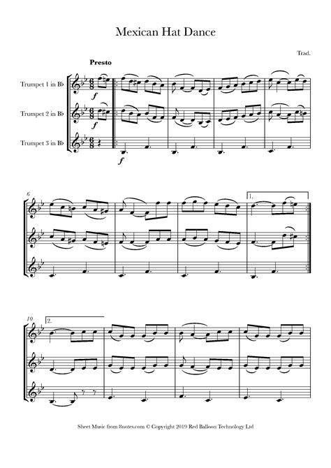 Mexican Hat Dance Mexico Sheet Music For Trumpet Trio