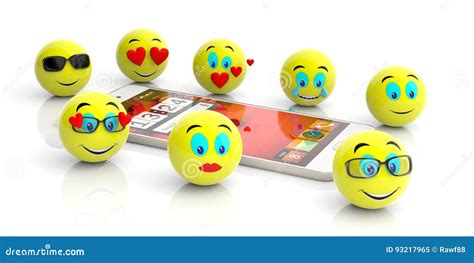Group Of Yellow Emojis And A Smartphone On White Background 3d