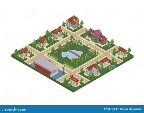 Isometric Map Of Small Town Or Cottage Village Private Houses Trees
