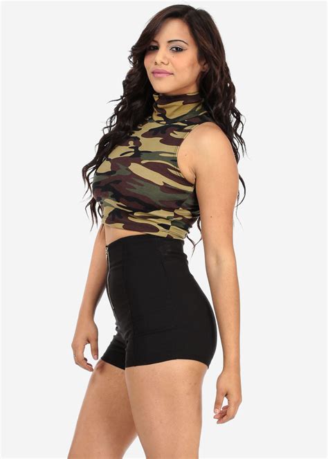 Camouflage Turtleneck Crop Top No Sleeve From