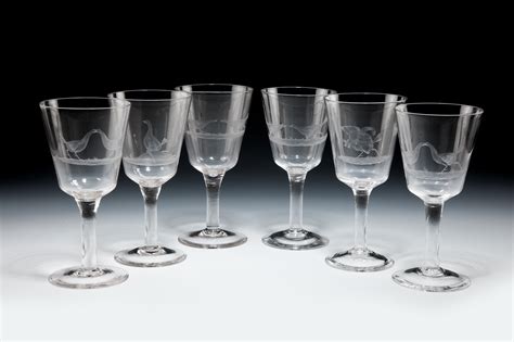 Six Antique Wine Glasses Engraved With Cock Fighting