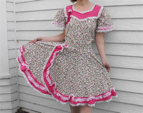 Vintage Square Dancing Dress Pink Floral Print Dance Etsy