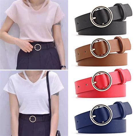 Women Gold Round Buckle Belts Metal Leather Waist Be Female Gold Round Buckle Ladies Belts Strap