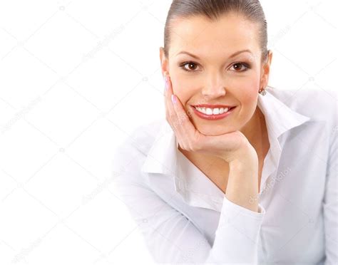 Portrait Of An Adorable Young Woman With Her Hand On Cheek On White