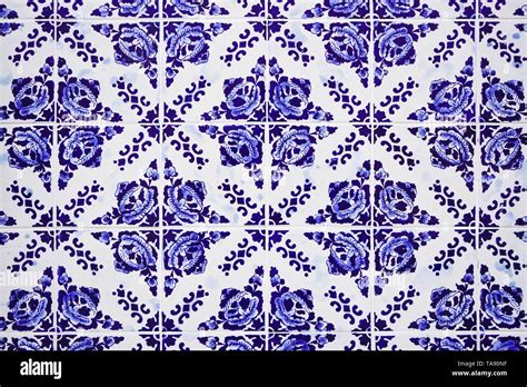 Gorgeous Traditional Portuguese Ceramic Blue Tiles With Floral Pattern Vintage Glazed Tiles