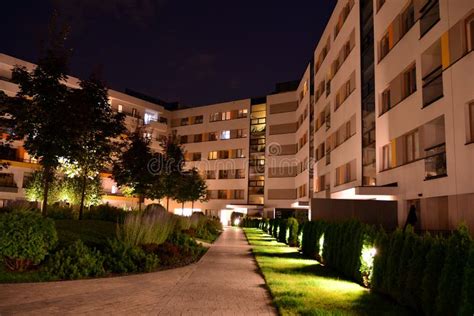 Exterior Of Apartment Building At Night Stock Image Image Of Flats