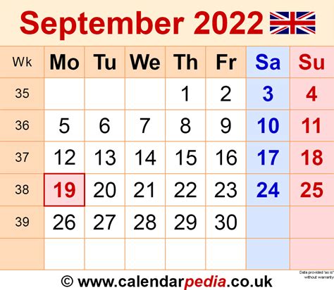 Calendar September 2022 Uk With Excel Word And Pdf Templates