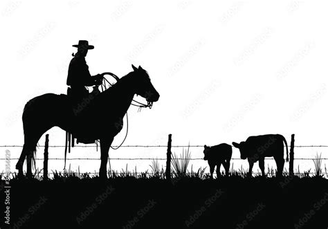 A Vector Silhouette Of A Working Ranch Cowboy On A Horse With Two Young