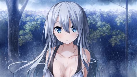 Amatori Sumire Aqua Eyes Breasts Cleavage Close Cube Game Cg Gray Hair Kakao Long Hair Rain Tree