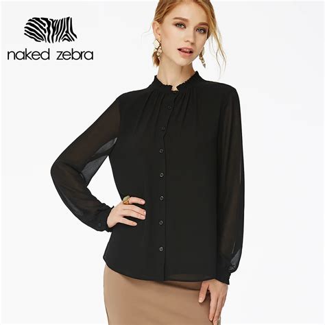 Naked Zebra Black Women Blouse Elegant Draping Neckline Lantern Sleeve