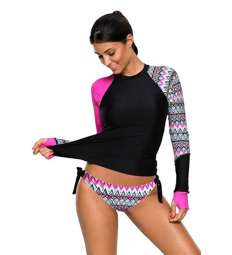 Womens Long Sleeve Rash Guard Athletic Swim Shirt Color Block Print Tankini Sets Swimsuit S Xxxl