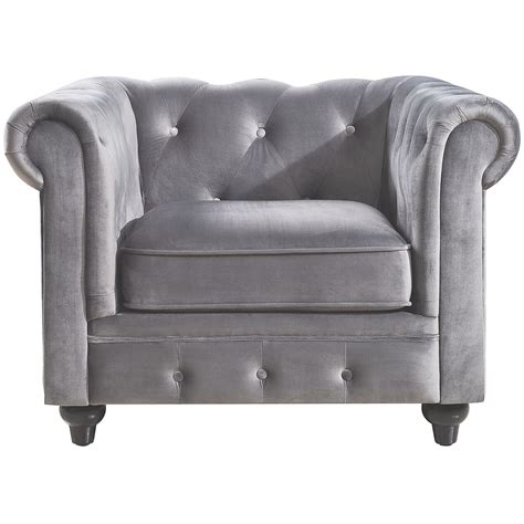 Chair is covered in a gray polyester cover. Chesterfield Velvet Tufted Chair, Grey | At Home