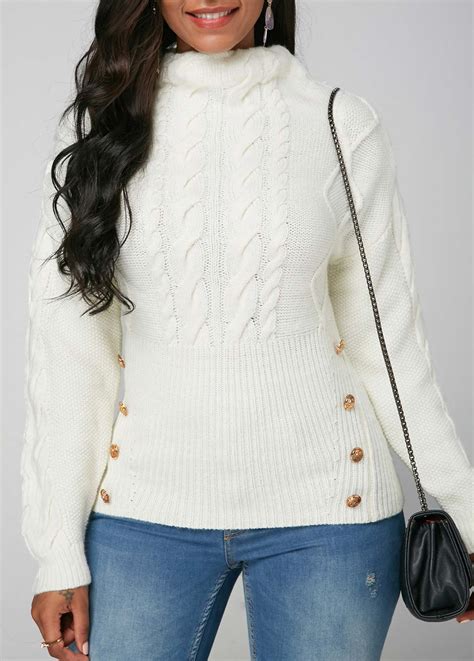 Long Sleeve White Cable Knit Sweater Fashion Design Store