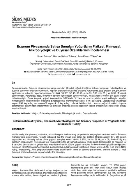 PDF Erzurum Piyasasında Satışa Sunulan Yoğurtların Fiziksel Kimyasal