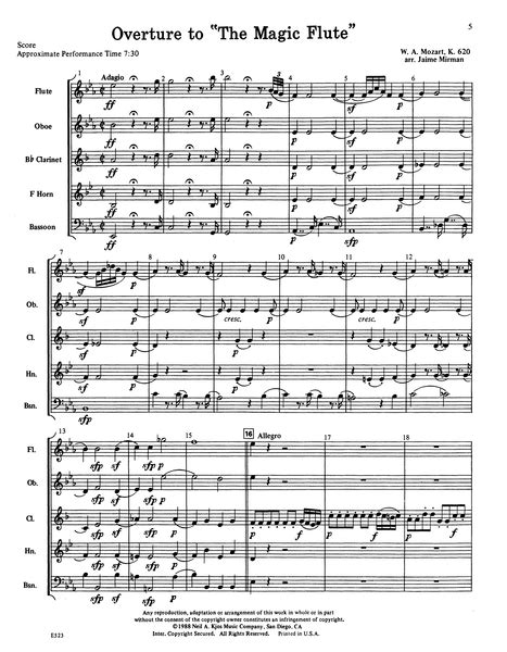 Mozart The Magic Flute Overture K 620 Arranged For Wind Quintet