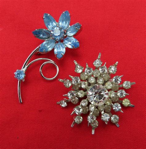 2 Vintage Rhinestone Coro Brooch Pins Clear Blue Crystal Flower Faceted
