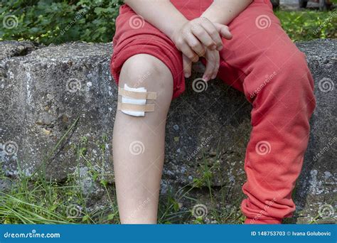 Injured Boy With White Cotton Dressing Bandage Stock Image Image Of
