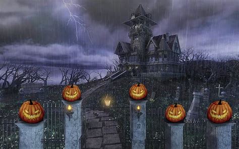 Haunted House On The Hill Pumpkins Scary Halloween Eerie Autumn