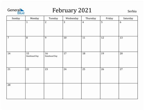 February 2021 Calendar With Serbia Holidays