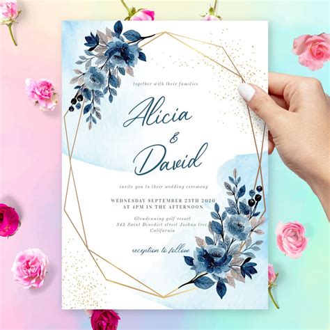 Elegant Floral Blue Background Wedding Invitation Template Online Maker