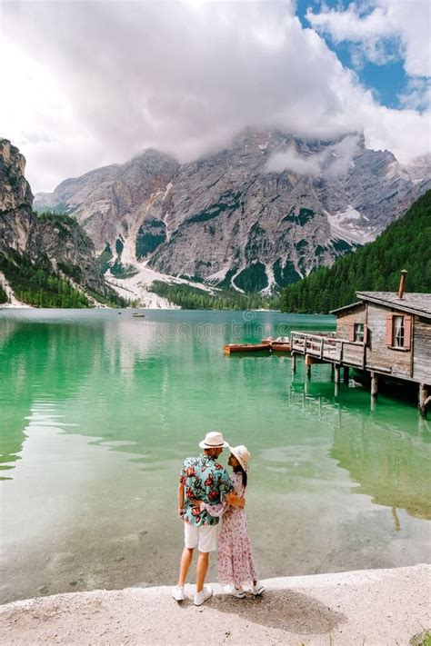 Beautiful Lake In The Italian Alps Lago Di Braies Couple On Vacation