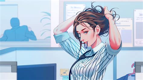 office anime girl adjusting hairs 4k wallpaper hd anime wallpapers 4k wallpapers images