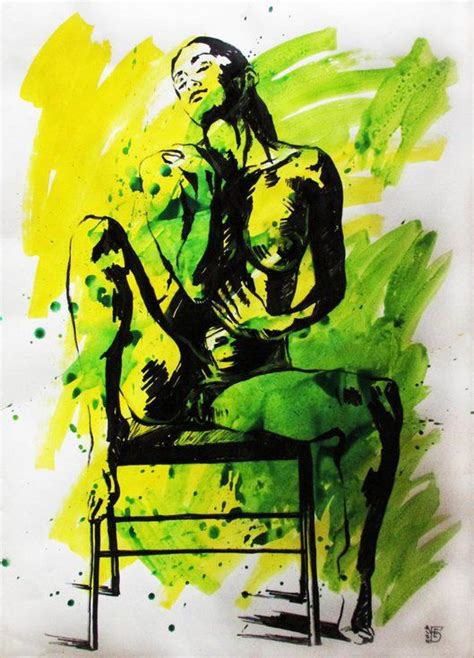 A Drawing Of A Woman Sitting In A Chair With Green Paint Splattered On It