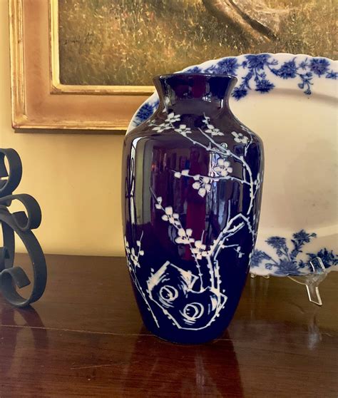 Asian Cobalt Blue Vase Japanese Cherry Blossom Intaglio Design Chinoiserie Blue White Vase